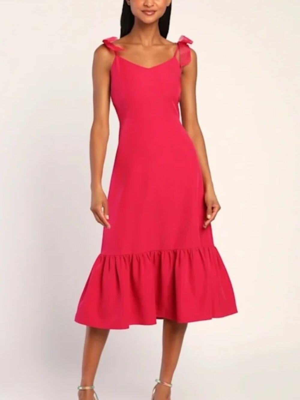 Lululs What A Gift Hot Pink Bow Strap Midi Dress
